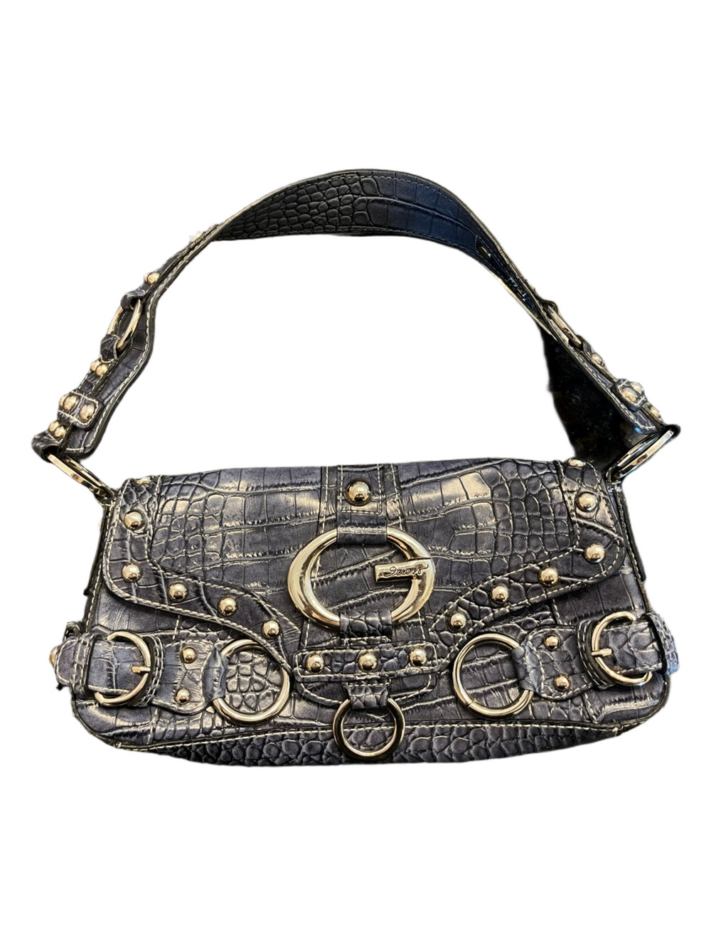 VINTAGE Y2K Guess Croc Embossed Studded Shoulder Bagette Bag Blue Silver